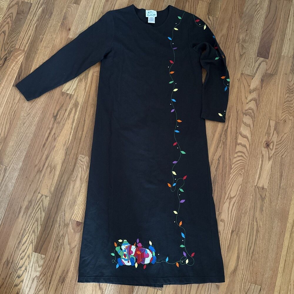 QUACKER FACTORY Size Medium  Long Black Christmas Dress‎ Embroidery 100% Cotton